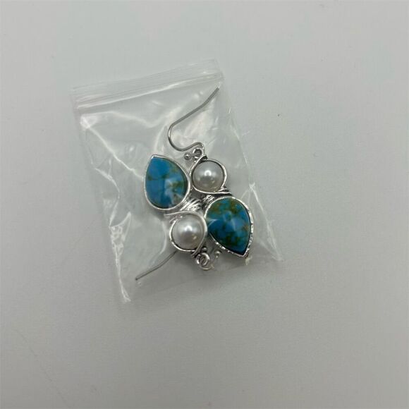 Small Dainty Faux Blue Turquoise & Faux Pearl Teardrop Dangle Earrings - Picture 4 of 8